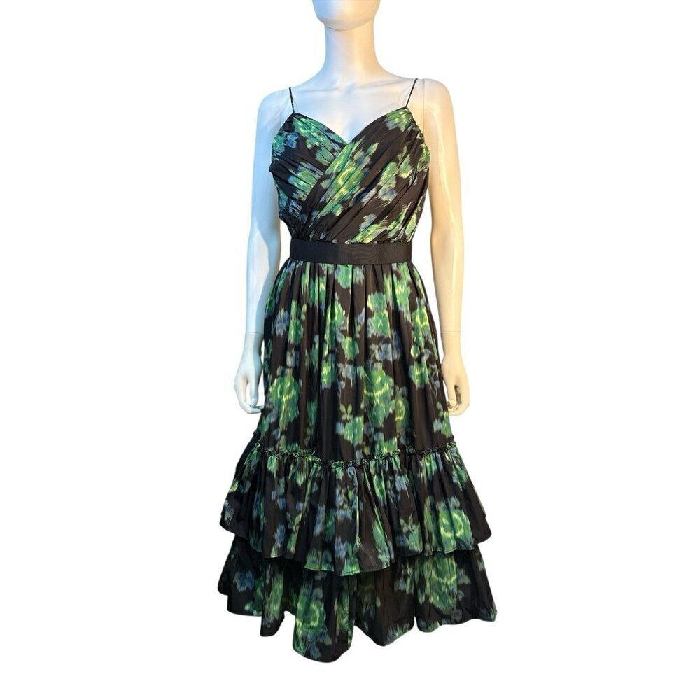 Zac Posen Spag Strap Rushed Bodice Ikat Green Floral Fit & Flare Dress Sz 4 NWT - Picture 2 of 10